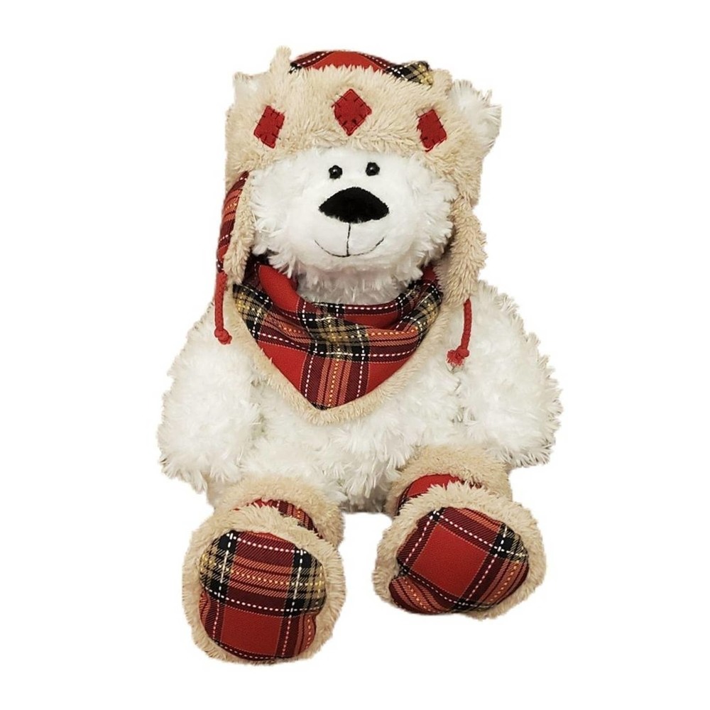 #15 HUGFUN INT'L INC White Polar Bear With Plaid Gear Collectible Plush